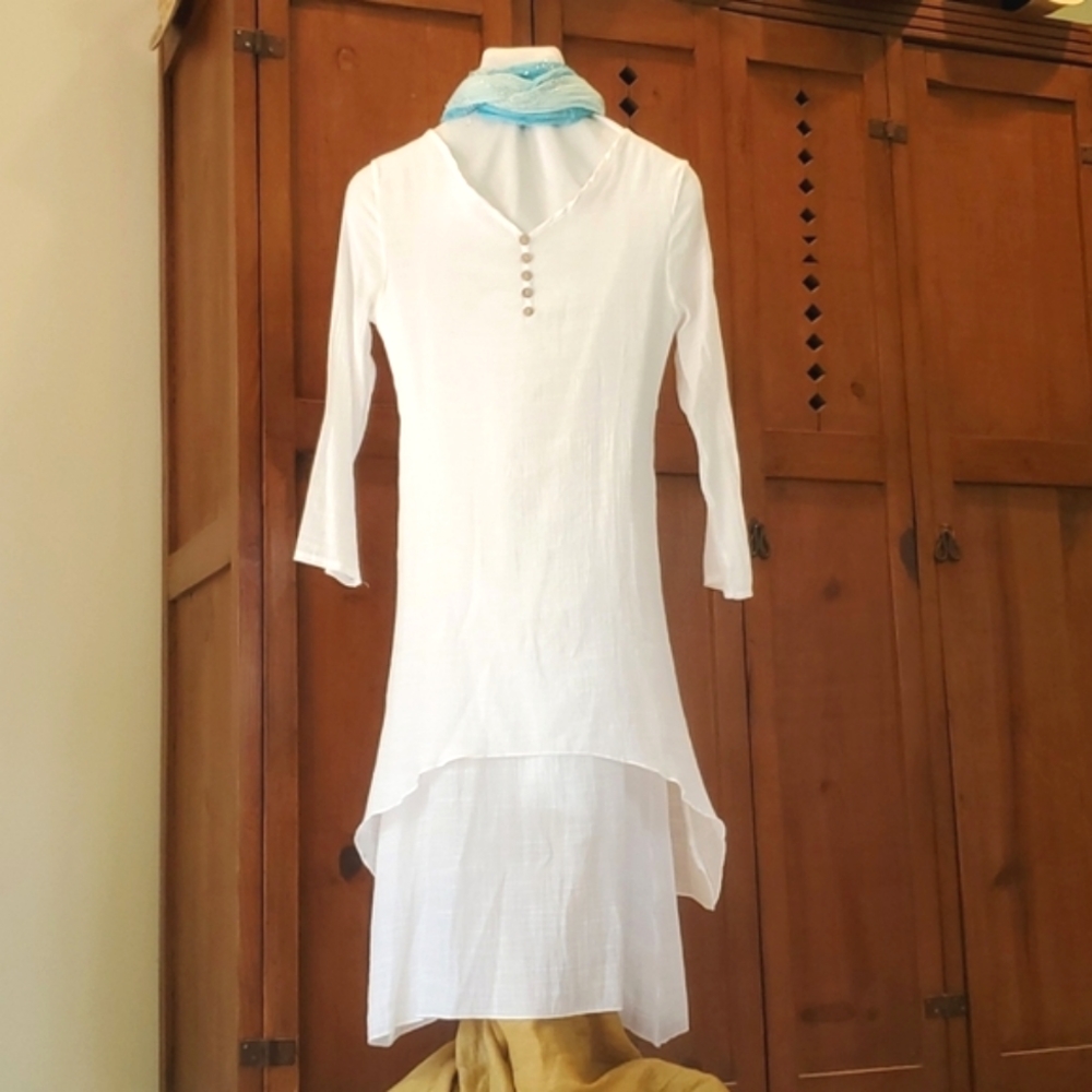 Linen midi length Dress with wooden button detail. perfect for coastal cruise
